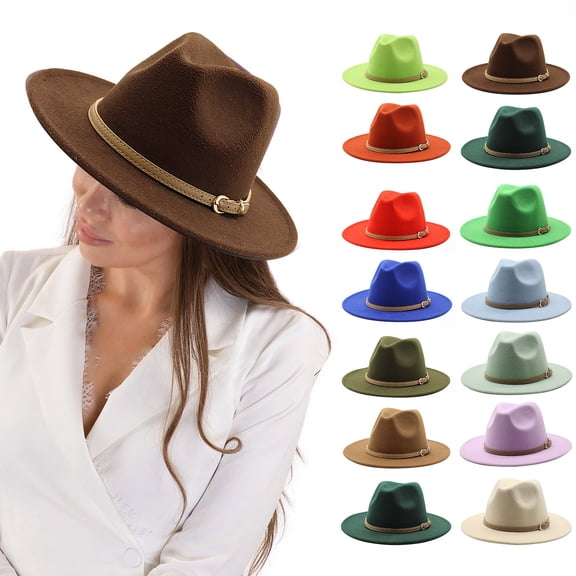 BWASD Big Wide BrimMen & Women Wide Brim Hat with Belt Buckle Adjustable Outbacks Hats Ladies Elegant Wool Flower Hat Winter Cloche Bucket Cap