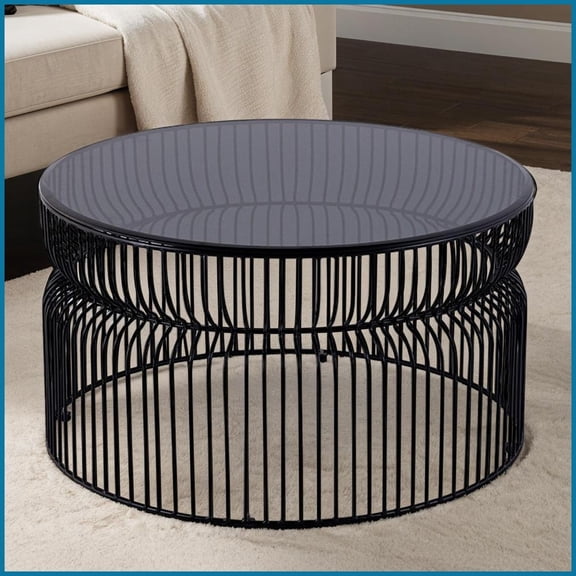 30” Round Black Coffee Table – Tinted Glass Top, Metal Base, Space-Saving Modern Style