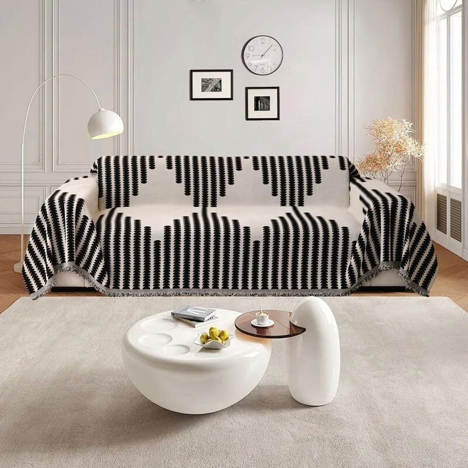 Eurhowing Boho Couch Cover for 4 Cushion Couch, Chenille Sofa Cover Blanket with a Pillowcase, Anti-Slip Tassel Sofa Slipcover for Pet, (71'' x 149'', Black)