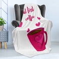thumbnail image 4 of But First Coffee Soft Flannel Fleece Throw Blanket, Calligraphic Concept with Hand Drawn Text and Hearts, Cozy Plush for Indoor and Outdoor Use, 50" x 70", Hot Pink Dark Cocoa, by Ambesonne, 4 of 5