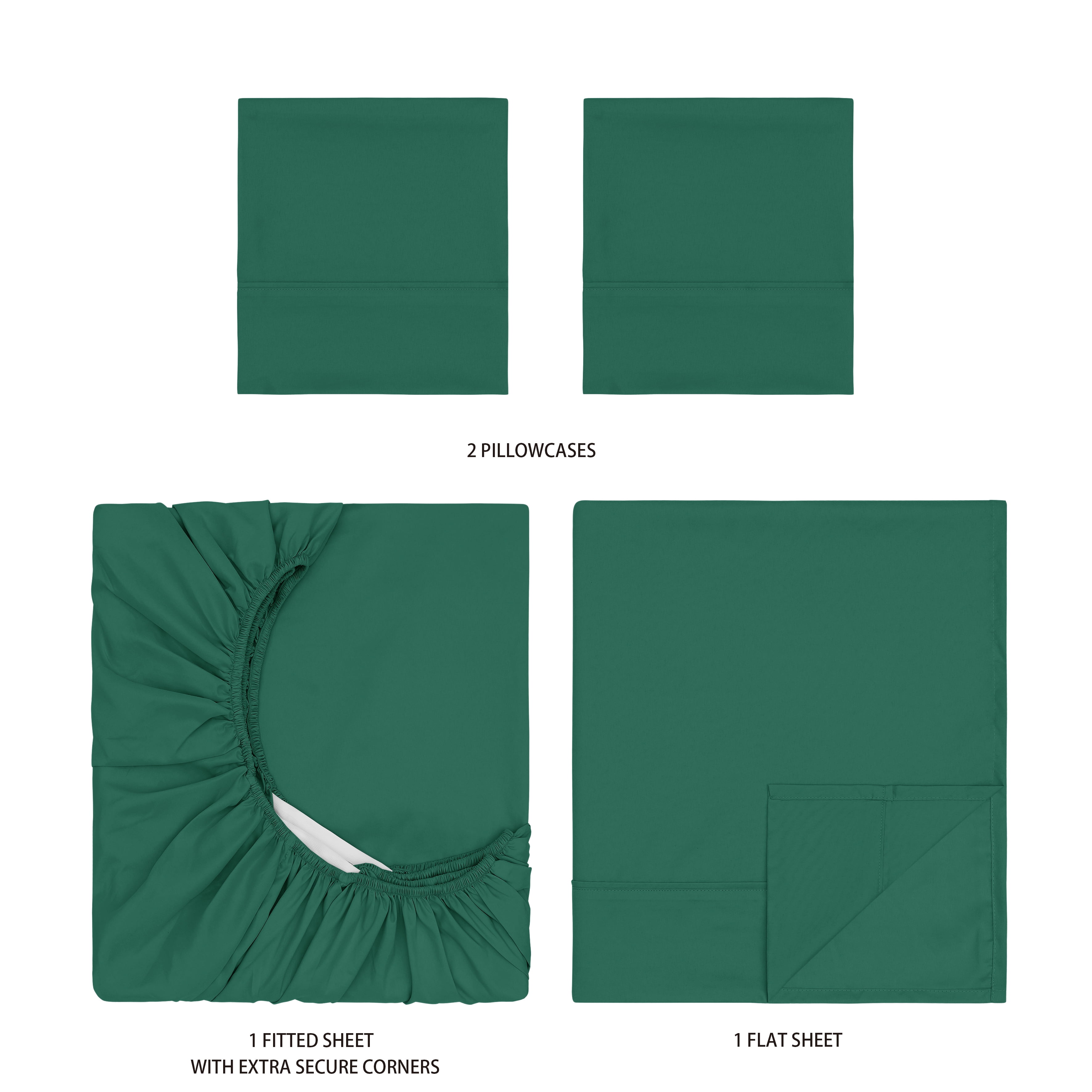 Mainstays Super Soft Brushed Microfiber Bed Sheet Set, Dark Green, Queen, 4 Piece