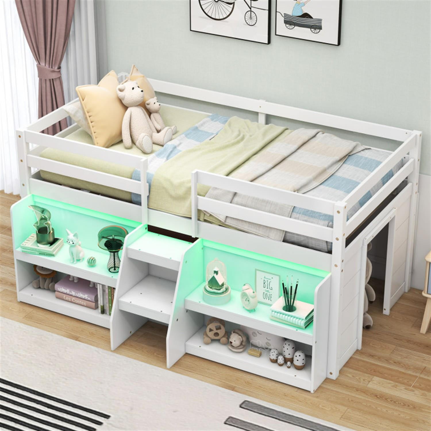 Demi Bonn Twin Size Loft Bed with LED Lights, Wooden Twin Low Loft Bunk Bed with Staircase and Safety Guardrail for Teens, White
