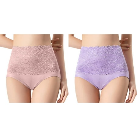(2-Pack) Kcodviy Plus Size High Waist High Cut Briefs for Women Striped Tangas No Show Lady Slim Waist Trainer Plus Size Bikini Custom Thongs Women Dress Underwear Panties Thong