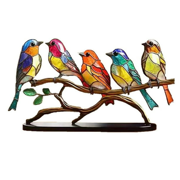 Stained Glass Birds on Branch Desktop Ornaments,Handmade Stained Glass Bird Suncatche,Double