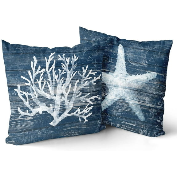 Nautical Coastal Throw Pillow Covers Set of 2 - Coral Starfish Wooden Themed Pillowcase 18x18 inch Blue Plank Home Decor for Sofa Bedroom Car Sea Plants Decorative Cushion Case