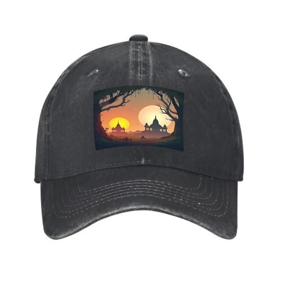 Vintage Cotton Washed Distressed Baseball Cap - Scenic Landscape Patch with Silhouetted Trees & Sunset for Golf Dad Hat - Unisex Design
