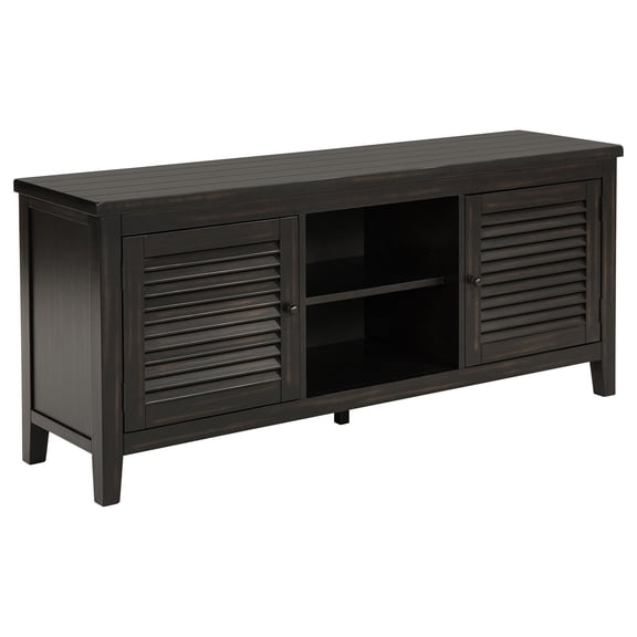 Coni TV Stand Media Cabinet, 2 Door and Shelves, Black Wood 60 Inch