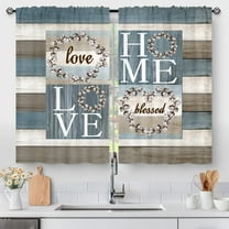 Blue Rustic Floral Flower Sweet Love Home Kitchen Curtains, Farmhouse Country Vintage Wood Plank Door Small Short Cafe Window Curtain Over Sink Dining Room Decor Rod Pocket Drapes 2 Panels 36"x28"