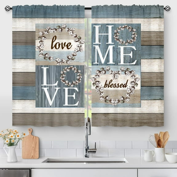Blue Rustic Floral Flower Sweet Love Home Kitchen Curtains, Farmhouse Country Vintage Wood Plank Door Small Short Cafe Window Curtain Over Sink Dining Room Decor Rod Pocket Drapes 2 Panels 36"x28"