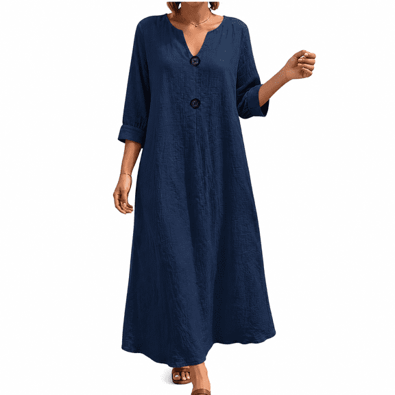 Dpjklzsn Women's Cotton Linen Maxi Dress, 3/4 Sleeve Split Neck Button Detail Loose Fit Casual Long Dress
