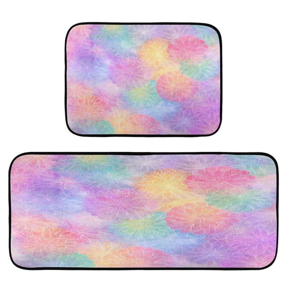 2-Piece Kitchen Mat Set Non Slip Washable Floor Mats Decorative Rugs for Kitchen Sink Laundry Rainbow Flower Pattern