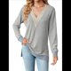 thumbnail image 2 of Blusas de Otoño para Mujer, con Escote en V, Encaje, Larga, Holgadas, con Ribete de Bloques de Color, Moda 2025 Gris XL, 2 of 10