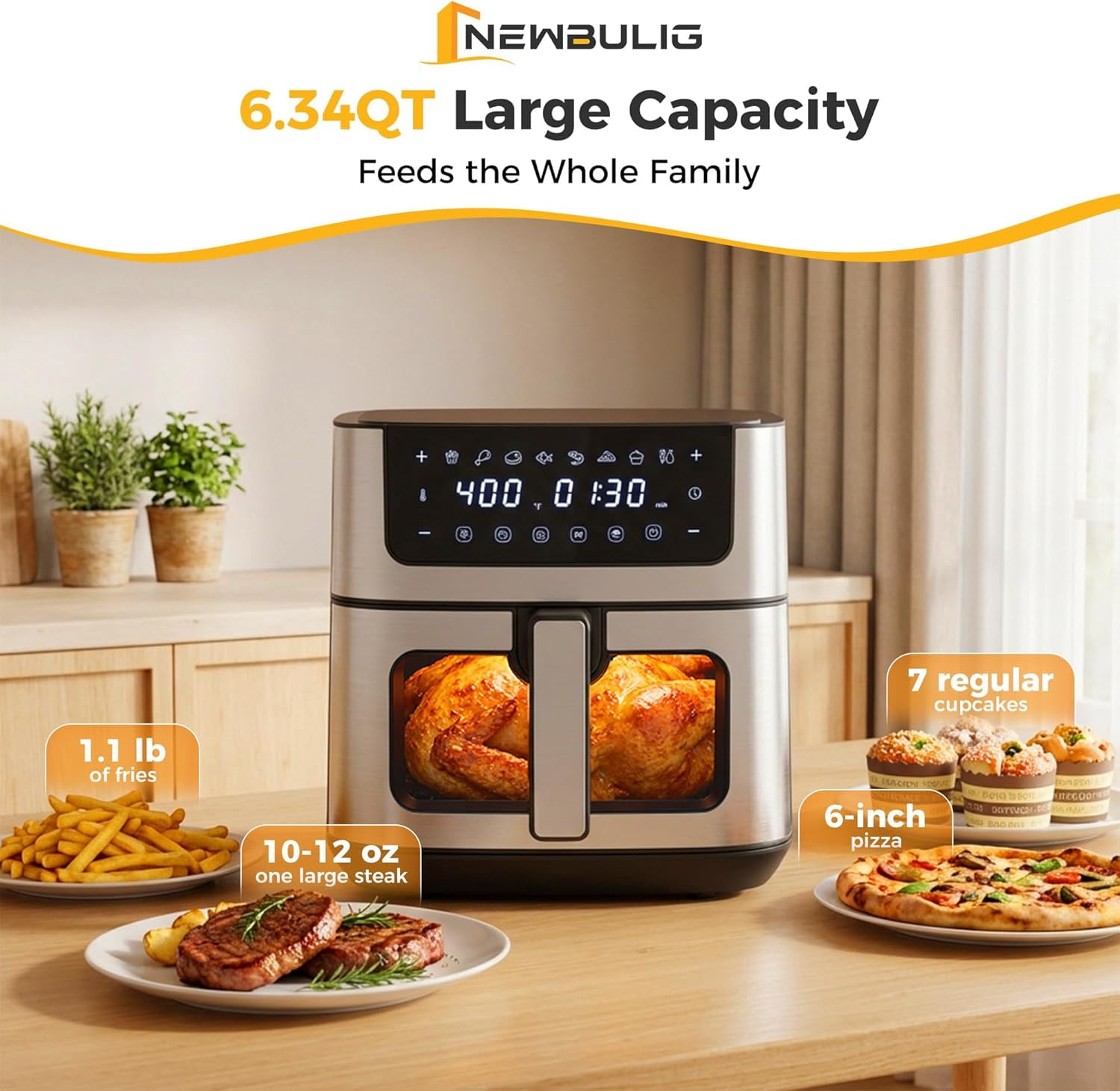 Air Fryer 6.34QT, Airfryer with Visible Window, 400 ℉ Fast Heating Air Fryers Oven with Nonstick and Dishwasher-Safe Basket, 8-in-1 Cooking Preset, Timer，Auto-Off, Stainless Steel, White
