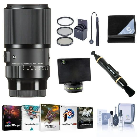 Sigma 105mm f/2.8 DG DN ART Macro Lens for Sony E, Bundle with PC Software Kit, 62mm Filter Kit, Lens Wrap, Lens Shade, Cleaner, Cleaning Kit, Lens Cap Tether