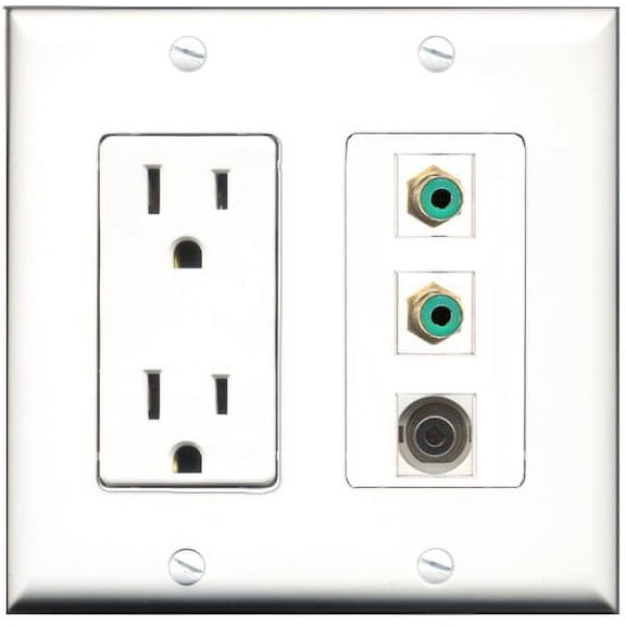 RiteAV - 15 Amp Power Outlet 2 Port RCA Green 1 Port 3.5mm Decorative Wall Plate