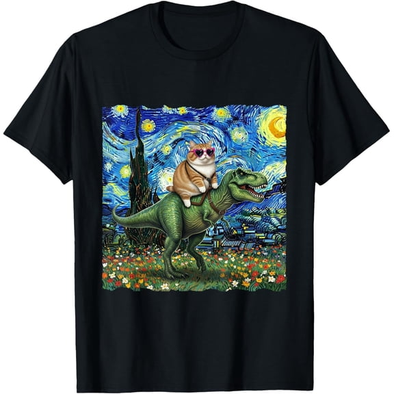 Cat Riding T-Rex Shirt – Funny Dinosaur Starry Night Tee for Cat Lovers