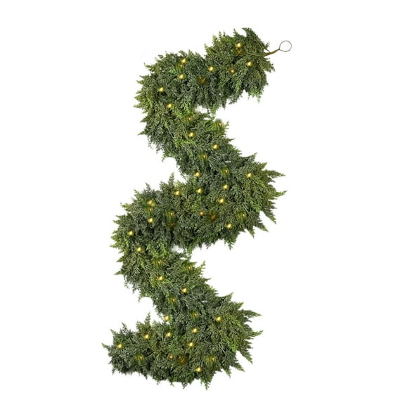Pre-lit Christmas Garland 9ft with Lights, Real Touch Cypress Artificial Greenery Garland for Fireplace Mantle Stairs Railing, Indoor Outdoor Holiday Decor with 120 Branches