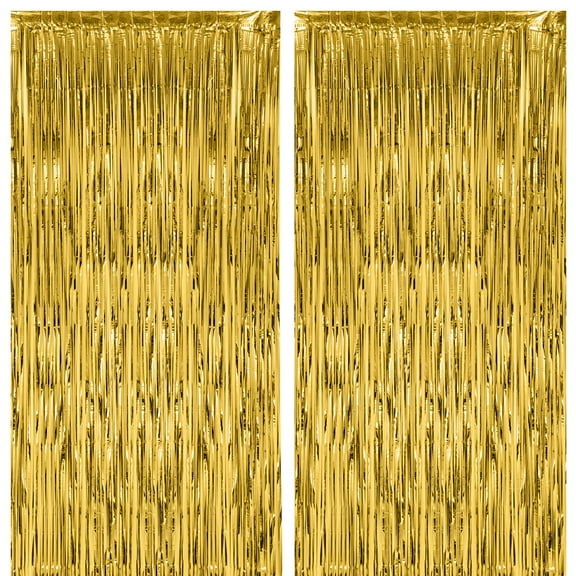 2 Pack Foil Fringe Backdrop Curtains, Glitter Tinsel Streamers for Party Decor, Graduation Hollywood Theme Disco Events, Gold Color