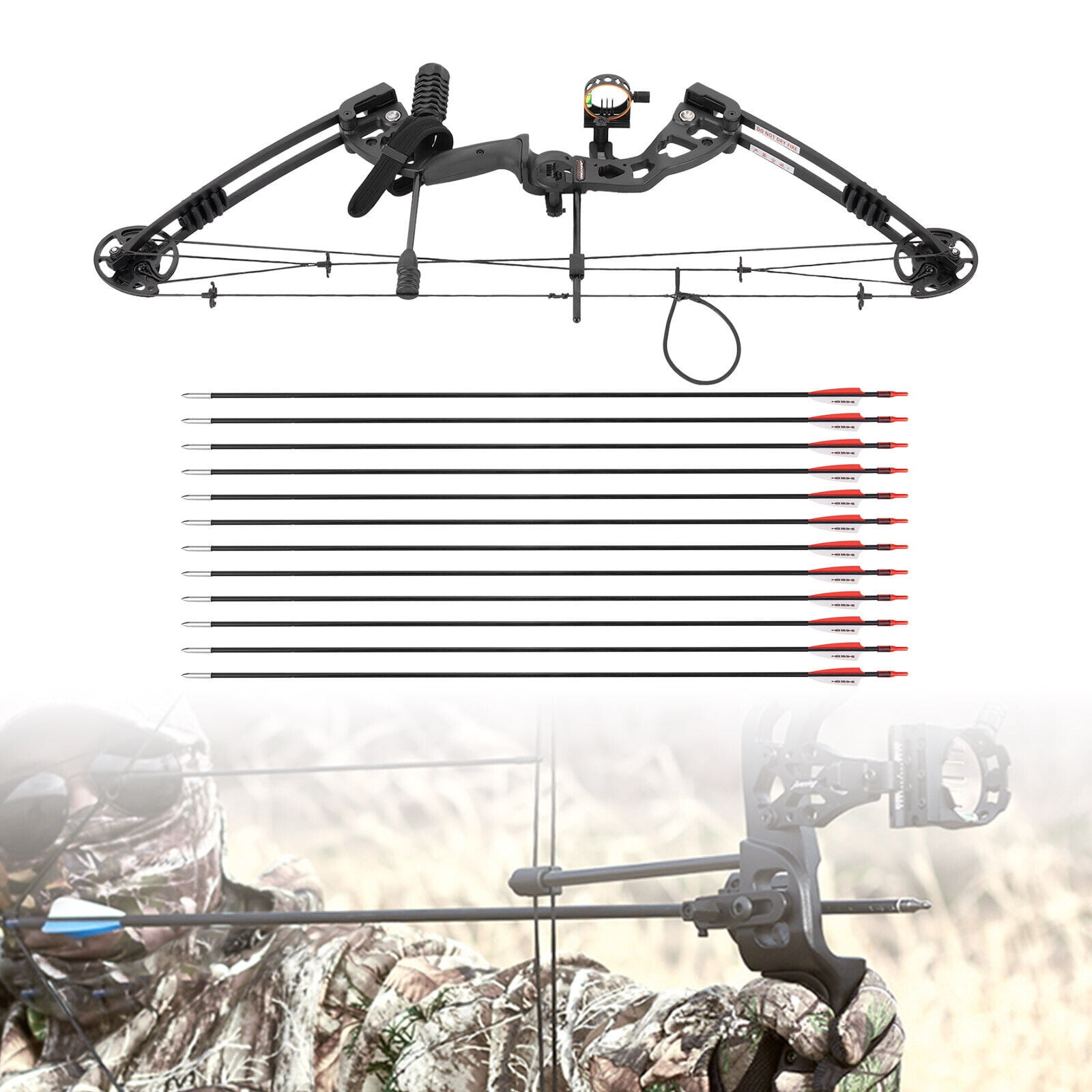 FOGGBET Compound Bow Kit with 12pcs Arrows Right Hand Archery Hunting Target Practice Training Set Black 30-55lbs