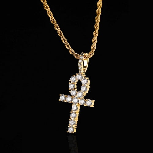 Hip Hop Ankh Cross Pendant Necklace Micro Pave AAAA Cubic Zirconia Egyptian Style Chain 14K Yellow Gold Necklace