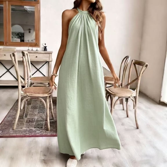 Xaqiouau Women's Halter Neck Sleeveless Maxi Dress Loose Casual Linen Blend Flowy Summer Beach Dress