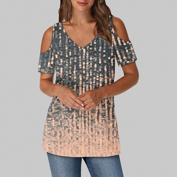 Puntoco Liquidación de blusas cortas para mujer, blusas estampadas para mujer, blusas de manga corta con escote en V y hombros descubiertos, blusas de moda
