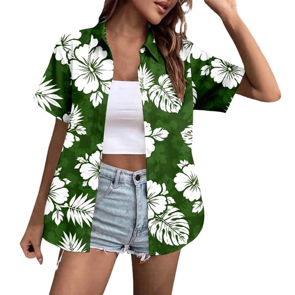 Lightweight Print Resort Shirt for Women Casual Button-Down Floral Top with Classic Lapel and Versatile Picotee Style