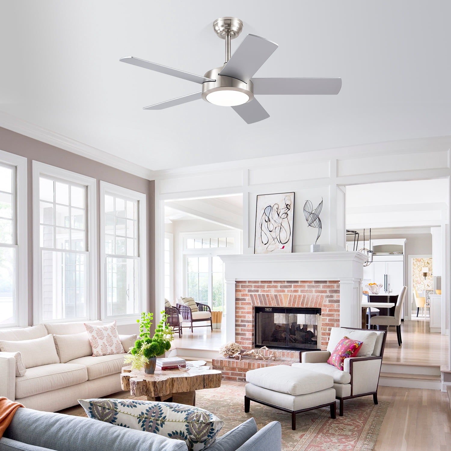 YIOSI 46" Nickel Ceiling Fan with Lights & Remote - Modern Low Profile, Reversible DC Motor, 5 Dual-Sided Blades, LED Light, APP/Remote Control, Quiet & Energy Efficient - Nickel