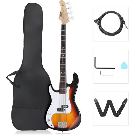 GLARRY Left Hand 4 String Electric Bass Guitar for Beginner Full Size Kit with Cable  Strap  Bag and Accessories (Sunset)