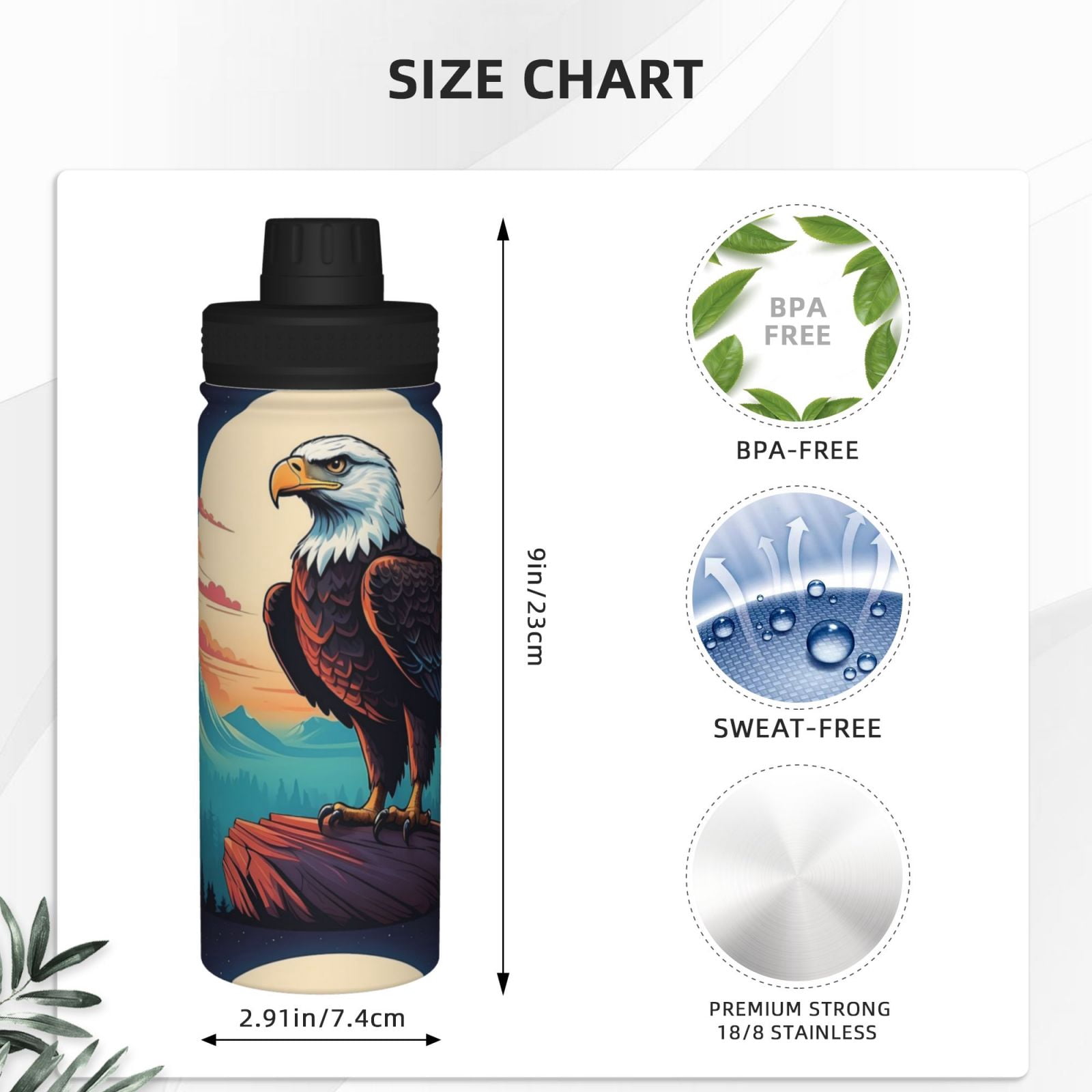 Fuzoiu Cartoon Iceberg Bald Eagle Print 18oz Sports Insulated Kettle,Stainless Steel Vacuum Water Bottle, Leakproof Sport Flask
