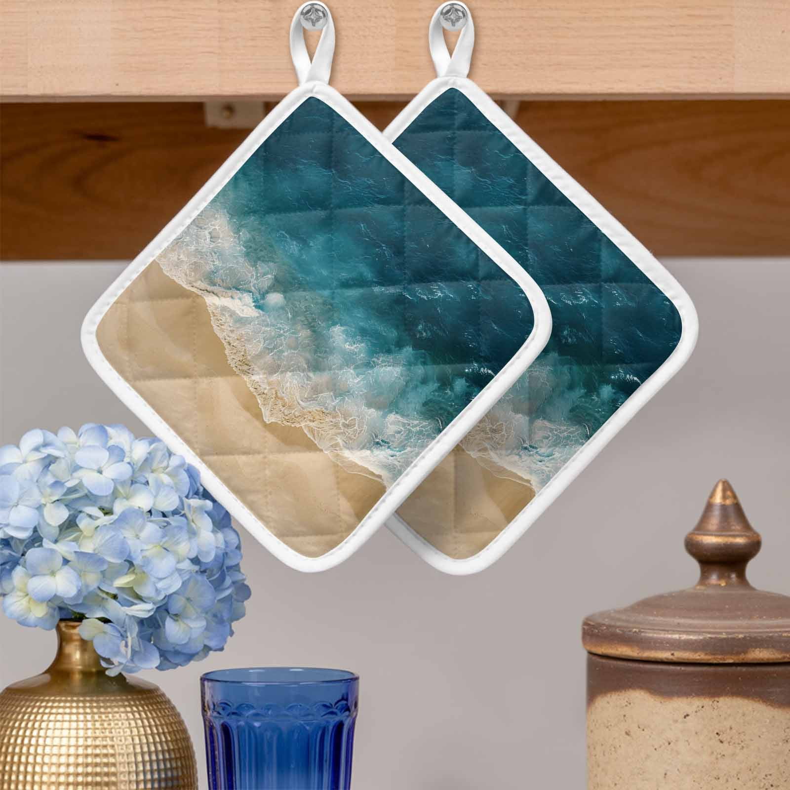 Teal Coastal Pot Holders for Kitchen Heatproof Potholder, 5 Pack Summer Beach Nautical Saeside Hot Pads Multipurpose Oven Pads Cloth Potholders Trivet for Cooking Baking