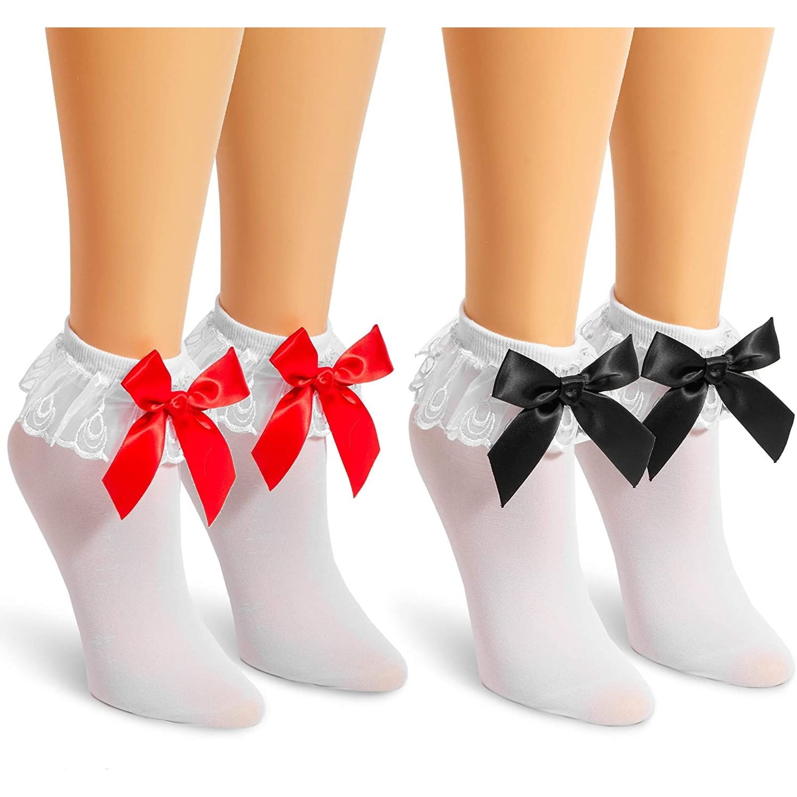Girls Bow Ankle Socks School Socks Red Bow Blue Bow Socks White 3 Pairs 