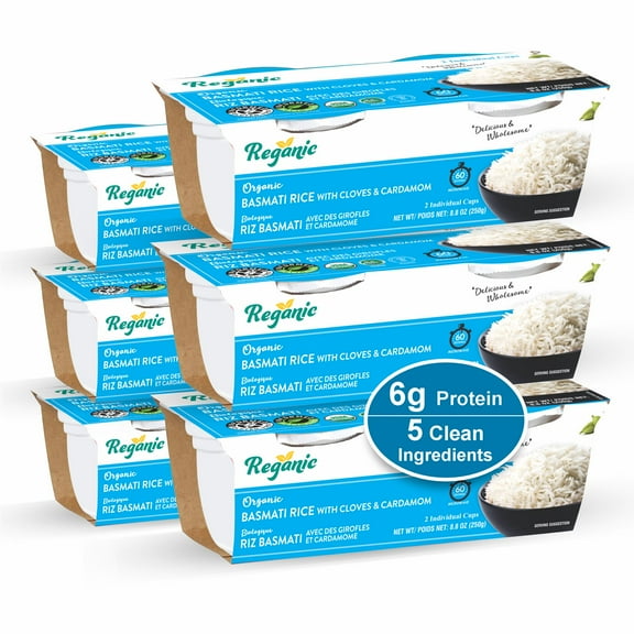 Reganic Basmati Rice with Cloves & Cardamom, Microwaveable in 55 Seconds, Ready to Eat, Pack of 6, USDA Organic, Halal & Kosher