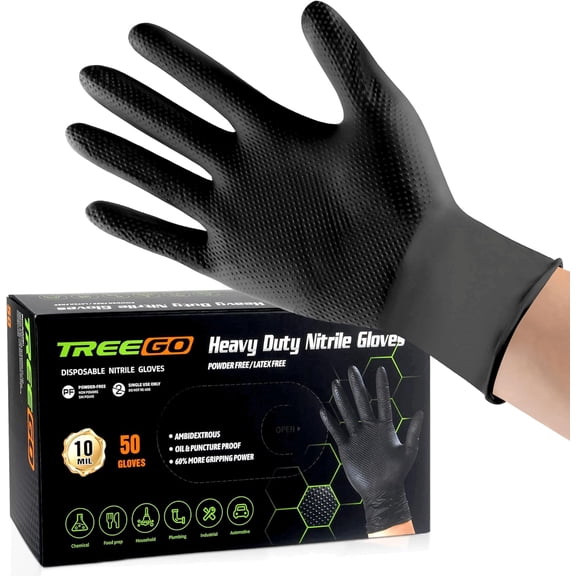 10 Mil Black Nitrile Gloves Heavy Duty — Diamond Texture Grip, Latex Free Disposable Mechanic Gloves, X-Large, 50 Count