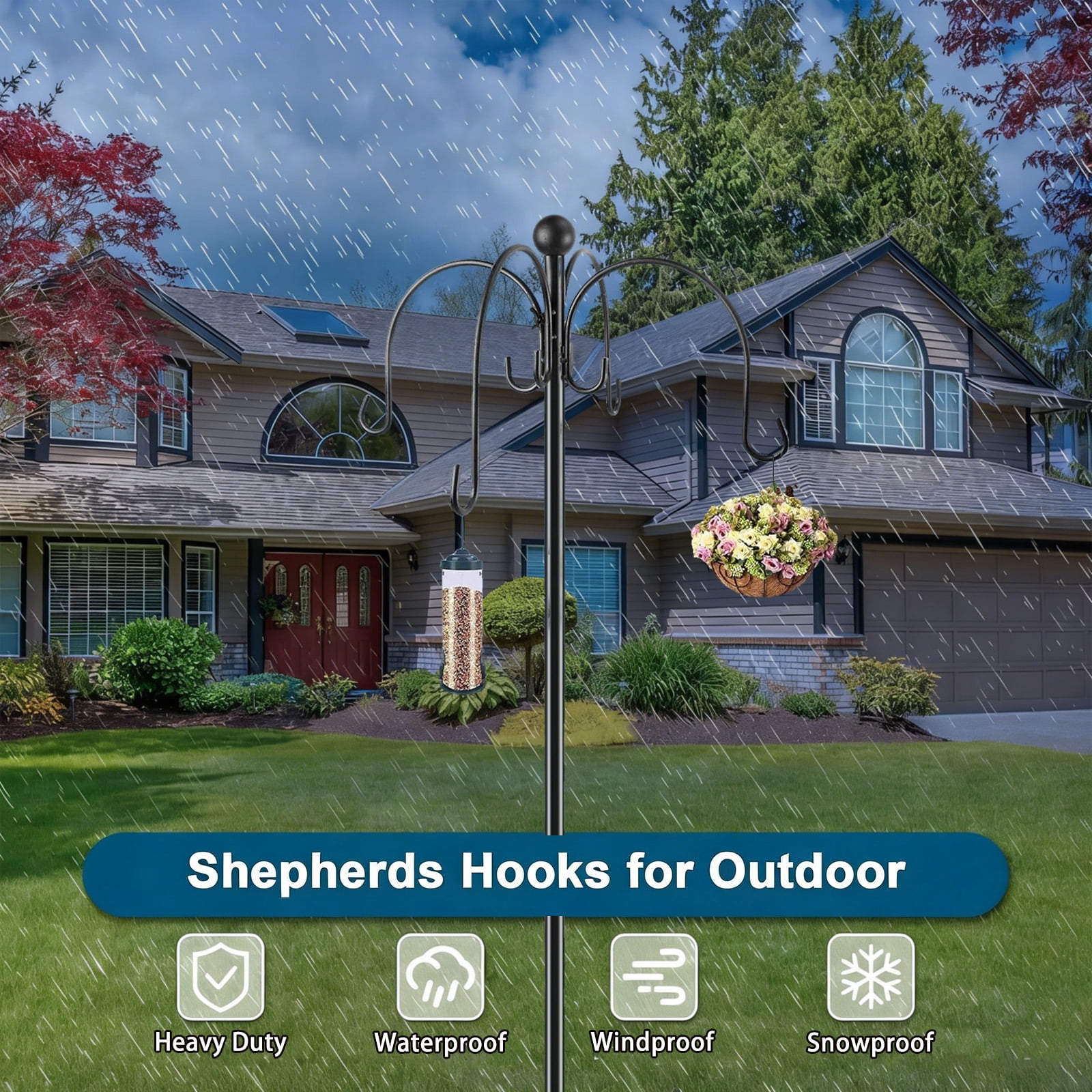 88" Heavy Duty Shepherds Hooks for Outdoor, 4-Hook Adjustable Bird Feeder Pole with Reinforced 5-Prong Base, Garden Hanger Stand for Hanging Plant, Hummingbird Feeder, Lantern, Solar Light
