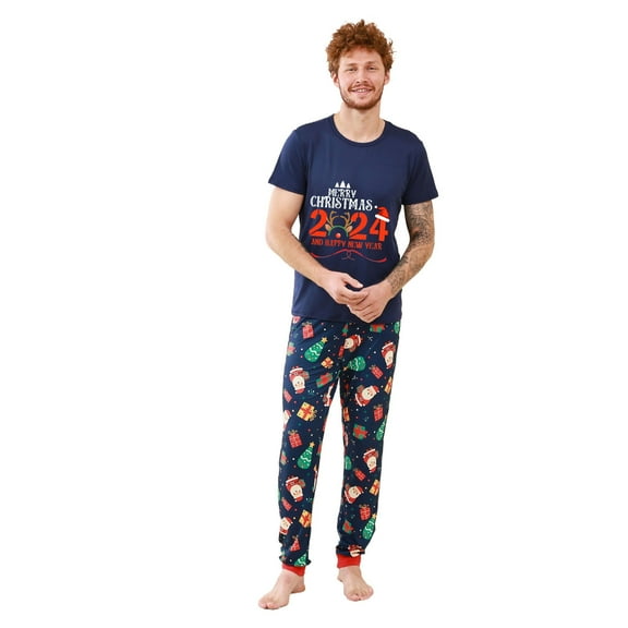 TFEOQRY Matching Christmas Pajamas for Family Men Christmas Print Casual Short Sleeve Top Pajamas Set Tops Pants Family Clothes Pajamas Blue(Dad)