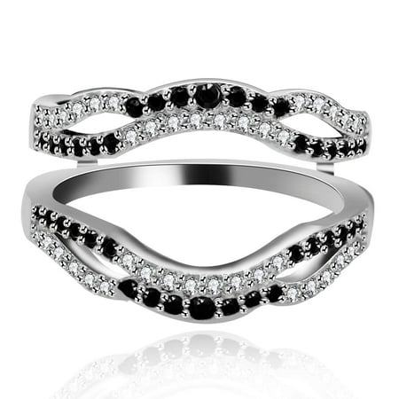 Uloveido Black Cubic Zirconia Ladies Anniversary Wedding Band Wide Enhancer Guard Double Ring for Women White Gold Plated Size 9 Y444
