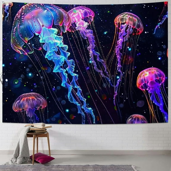 Fenyluxe Jellyfish Tapestry Marine Life Under The Night Stars Wall Hanging Tapestries Colorful Ocean Animal Tapestry Small Size Living Room Dorm Wall Backdrop 40x30inch