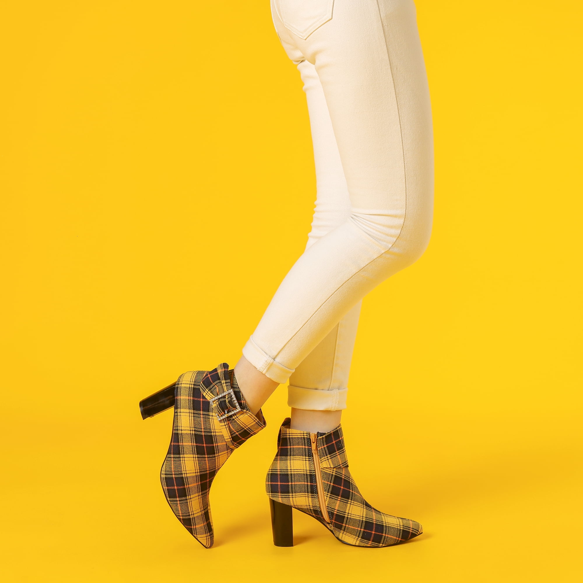 Unique Bargains Plaid Pointy Toe Bow Decor Zipper Chunky Heels Ankle Boots for Women Yellow 8