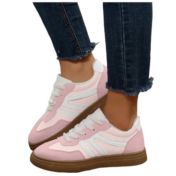 Flat Shoes for Women Vintage Classic Thick Sole Trainers Skate Shoes Splice Suede Lace up Antislip Walking Tennis Shoes Low Top Sneakers Pink Size 8
