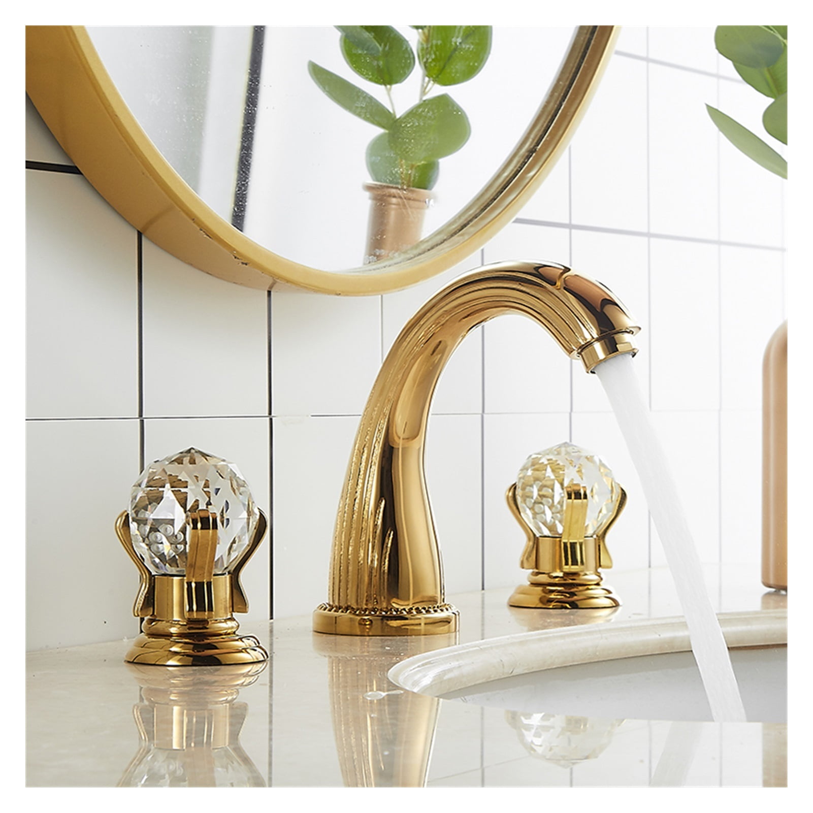 Basin Faucet Gold Bathroom Sink Faucet 3 Hole Widespread Basin Mixer Hot And Cold Brass amd Crystal Water Tap New ,Easy to Use