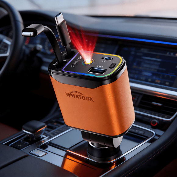 Kidsjoy 66W Fast Charging USB-C Port Car Charger, 4-in-1 Retractable Universal 12V/24V Adapter with LED Indicator for iPhone, Samsung, Tablets & More