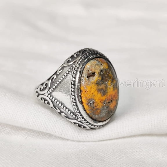 Bumblebee Jasper Mans Ring, Natural Bumblebee Jasper, Silver Jewelry, 925 Silver Ring, Birthday Gift, Heavy Mens Ring, Arabic Design, Ottoman Style Ring, Christmas, Turkey Mens Signet Ring