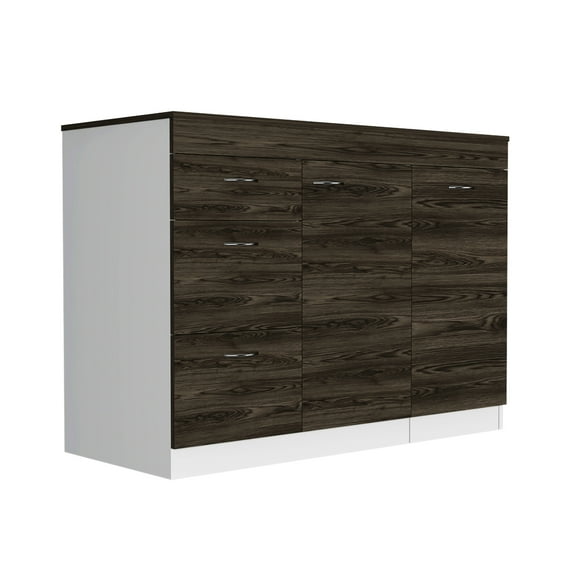 Kitchen Island With Countertop, White / Dark Walnut, 3 Drawers, 1 Cabinet, Metal Accessories, Particle Board Construction Shelving, Drawer Sections, Nuts, Robust