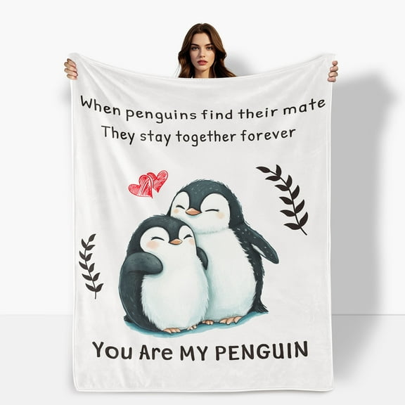 White Penguin Design Cozy Fleece Blanket Symbolizing Eternal Love Together Forever Perfect Gift For Couples Soft Warm Comfortable Ideal For Sofa Bed Travel Camping For Family Friends Shipped From USA