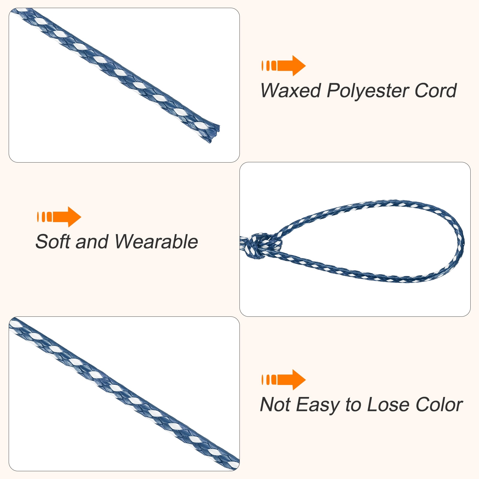 Waxed Cord 2mm Waxed Thread 87 Yard Wax String Leather Cord for Bracelet Making, Necklaces, Beading, Jewelry Making and DIY Crafts(Dark Blue/White)