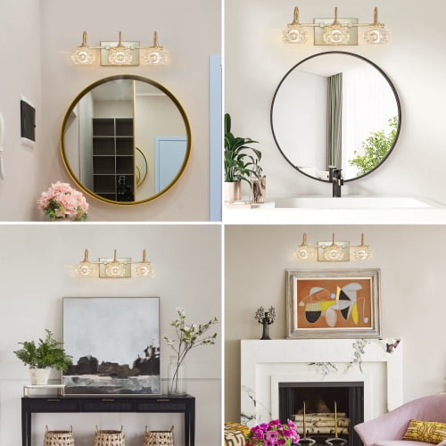 ACE-LIGHTS,Retro 3-Light Bathroom Vanity Light Fixture with Crystal Glass Shades(Bulbs Not Included),Wall Mounted Lighting for Bathroom,Dressing Room,Powder Room and Vanity Mirror(Golden）