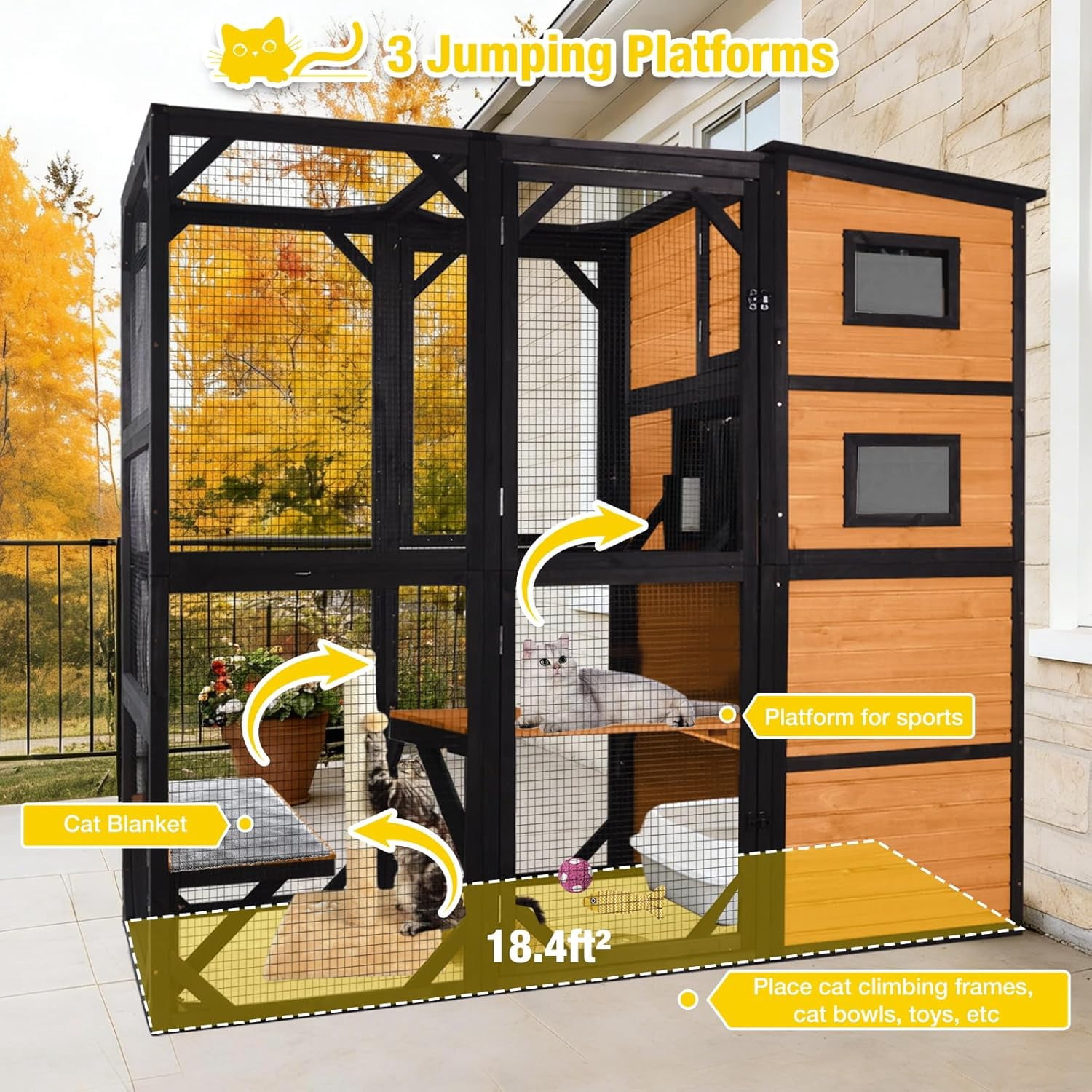 Aivituvin 77" Tall Catio Outdoor Cat Enclosure, Large Wooden Cat House with Waterproof Roof & 3-Tier Platforms, Walk-in Outside Cat Patio with Connectable Window Door for Multiple Cats (Orange)