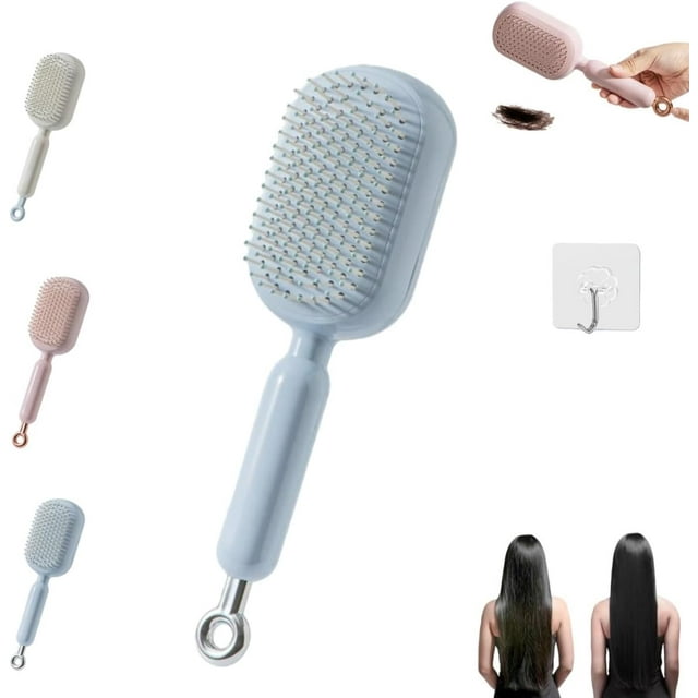 Brosse de Massage Rétractable pour Coussin, Brosse à Cheveux Auto-Nettoyante avec Poils Rétractables, Anti-Statique pour Femmes Hommes Adolescents (Bleu)