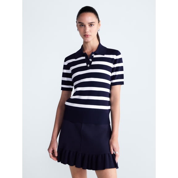 Free Assembly Women's and Women's Plus Polo Sweater with Short Sleeves, Lightweight, Sizes XS-4X